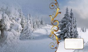 Fir trees covered in grey snow behind the lace window glass with a baroque frame