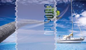 A white boat in the endless blue sea floats near a palm tree on a sunny day