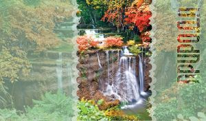 Cascading waterfall in a peaceful autumn forest of red and green trees