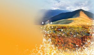 Autumn valley against the backdrop of mountains on a blue-orange gradient