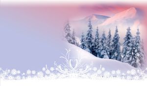 Snowy tress against the backdrop of mountains at dawn on a purple-grey gradient