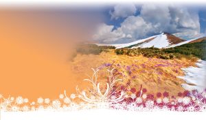 Melting snow on spring foothills against the clouded sky on ocher-blue gradient