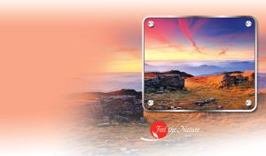 Rocks on a golden plateau under the red cloud streets in a frame with rivets