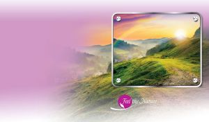 Dawn over the mountain village with a rainbow in a frame with rivets