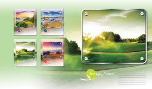 Sunlight shines over the green golf course in a frame with rivets