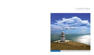 White lighthouse against the teal ocean and the cloudy sky on a white backdrop