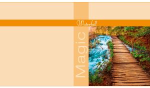 A wooden crossing at a waterfall in a green forest on a pastel orange background