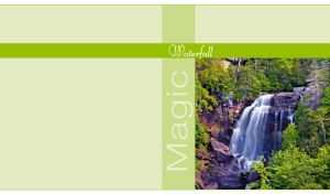 Cascading gray waterfall overgrown with trees on a pastel green background