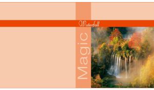 Foamy waterfall in the motley woodland isolated on a pastel orange background