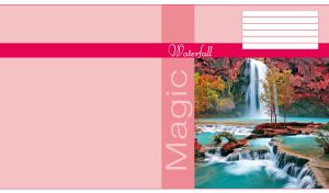 Foamy waterfall from a red cliff falling in a river n a pastel pink background