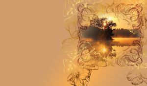 Golden sun sets behind the trees on a misty lake in a lace frame on tan