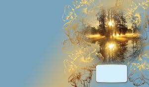 Golden rays shine over the misty water in a lace frame on light blue