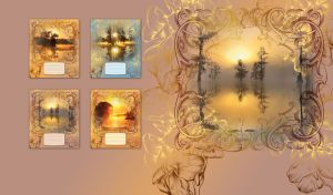 Golden sunset and lone trees in the misty water in a lace frame on light brown