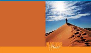 Silhouette of a man on top of a dune under a blinding sun on an ocher background