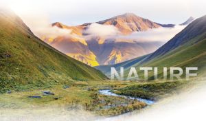 White clouds float below the mountain peaks on green and pastel blue tones