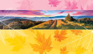 Panorama of sunset mountain dirt road framed by red-pink and yellow maple leaves