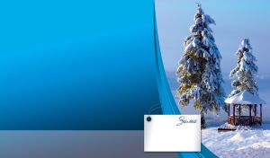 Snow covered fir trees by the red gazebo on navy to blue gradient