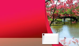 Spring oriental garden with pink trees and a wooden bridge on a pink to red gradient