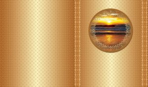 Ocean waves at sunset in a round vintage frame on a golden wallpaper
