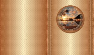 Palms and bungalow at sunset in a round vintage frame on a golden wallpaper