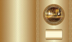 Park road in foliage at sunrise in a round vintage frame on a golden wallpaper