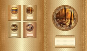 Dense autumn forest at sunrise in a round vintage frame on a golden wallpaper