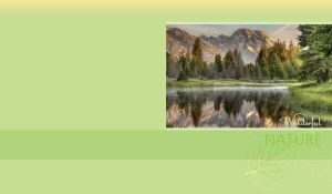 Mountain lake landscape in the morning haze against a pastel green backdrop