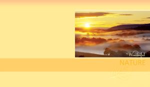 Valley landscape in fog at a golden sunrise against a pastel yellow backdrop