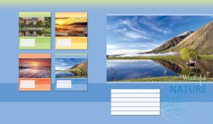 Lake at the foot of a misty mountain against a pastel blue backdrop