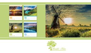 Windmill in the green field at sunrise on white and light green backdrop