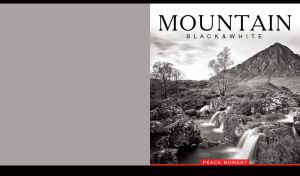 Black and white monochrome of streams flowing through the mountain landscape