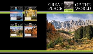 Mountain valley and stone peaks on black backdrop