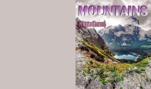 Green slope and a lake against the backdrop of majestic mountains on pastel gray