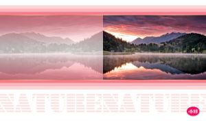 Settlement by the green mountains reflected in a lake on pastel pink and white