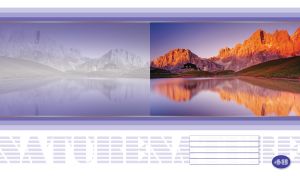 House against the red mountains reflected in a lake on pastel violet and white