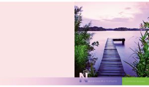 A wooden pier on a tranquil lavender color forest lake on pastel pink