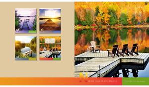 Chairs on a wooden pier against the motley autumn forest on beige