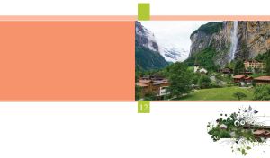 Harmonious view of a village in the mountains on pink-orange and white backdrop