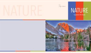 Clear lake and red mountain peaks on pastel beige and gray