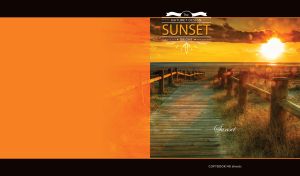 Sunset and a wooden walkway to sea against orange and black background