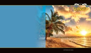 Sunset on a palm beach against blue and black background