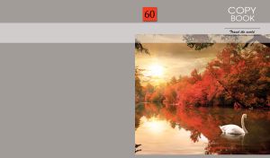 White swan in a lake among the red trees at dawn on a gray backdrop