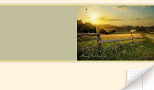 Beautiful landscape with a hillside farm with a wooden fence at sunset