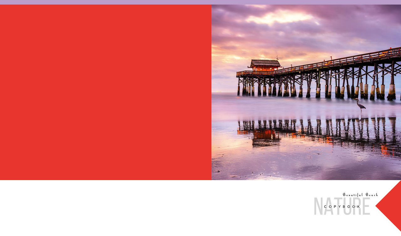 Westgate Cocoa Beach pier at a violet sunrise on a red and white backdrop