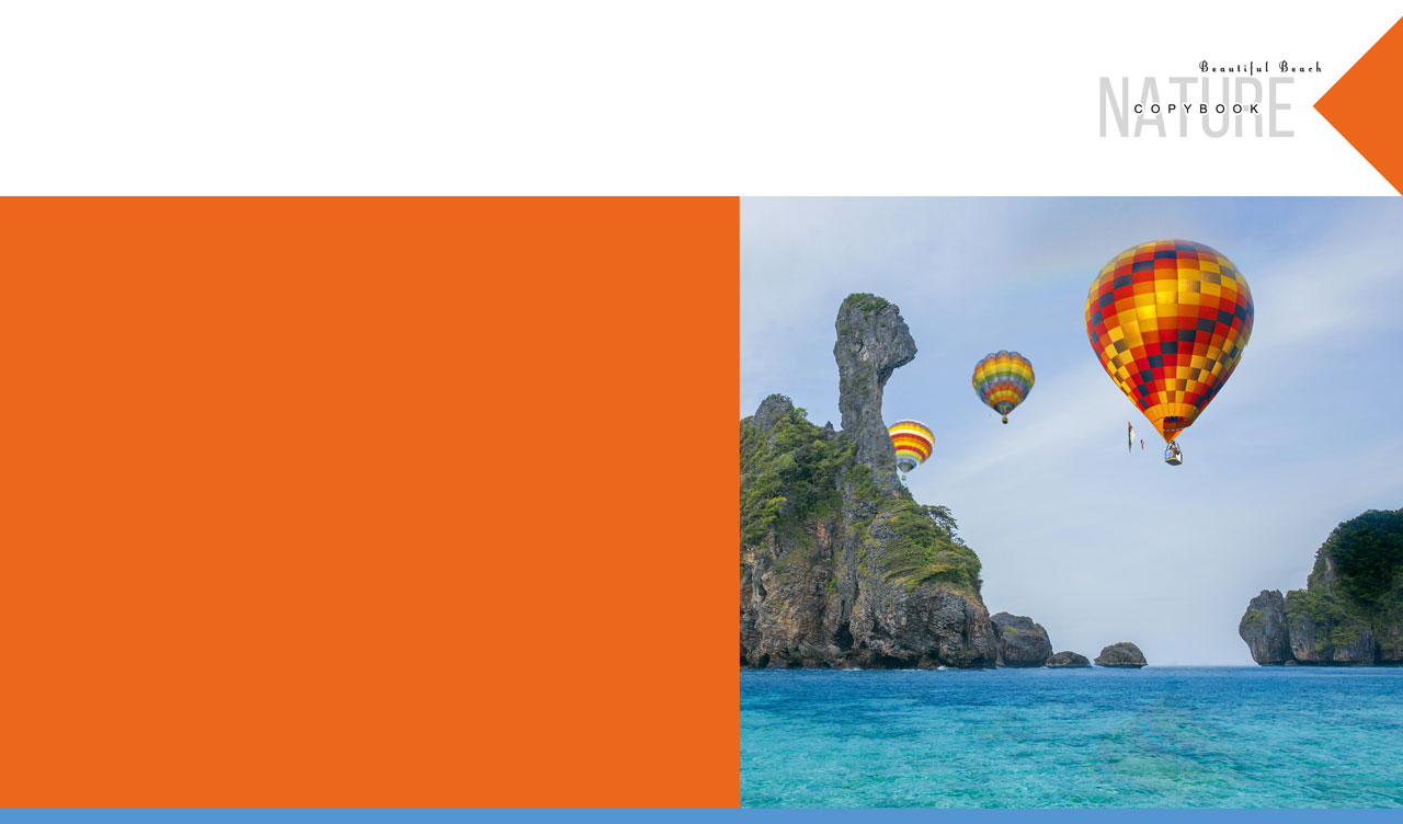 Hot air balloons over the Ko Kai Chicken island on an orange and white backdrop