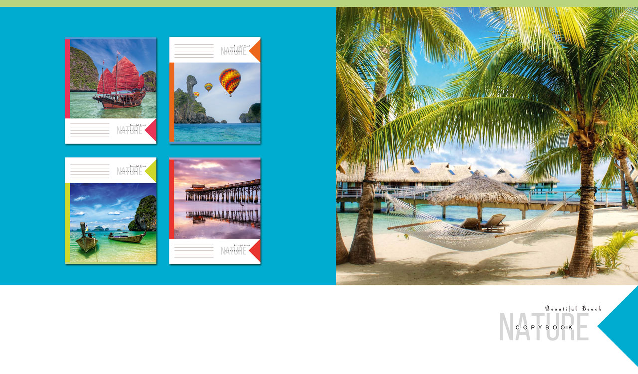 Sunshine beach in Dominicana with palms and gazebos on light blue and white