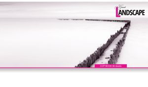 Winter landscape with a frozen wooden pier in the snow on white