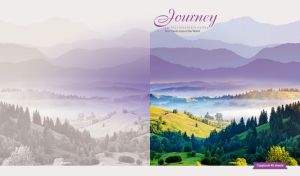 Mountain valley against a mountain range in pastel white and purple hues