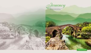 Stone bridge over a mountain river in pastel white and green hues