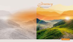 Rainbow over a hill against a mountain range in pastel white and yellow hues